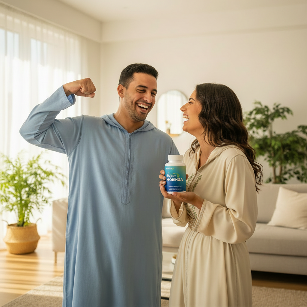 Image lifestyle Super Moringa - Couple avec flacon de taille réaliste