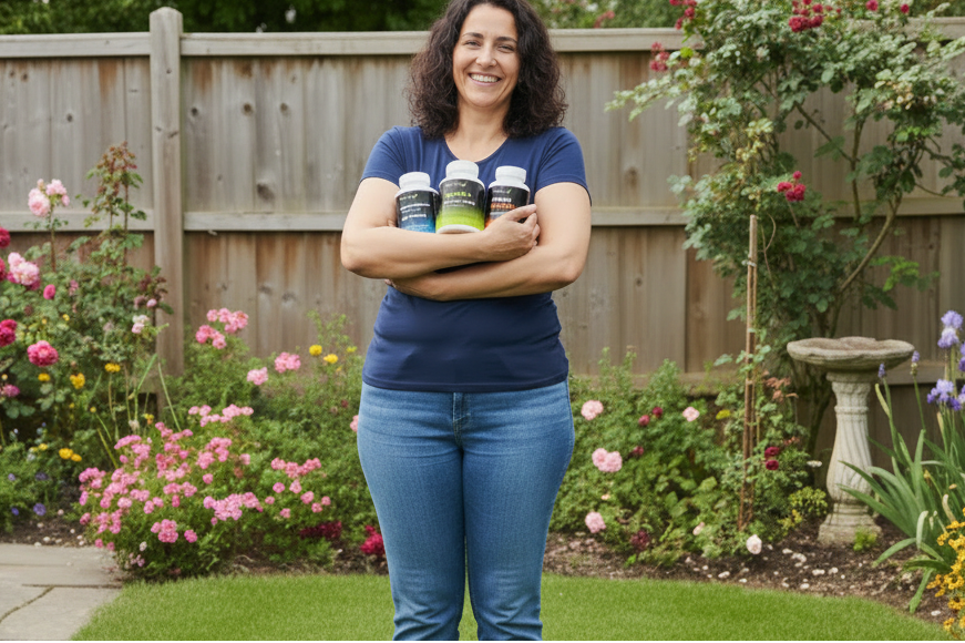 Woman hugging Biovita supplements